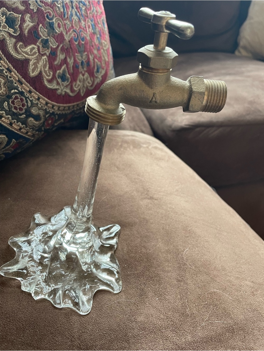 Floating Faucet Sculpture in Brass and Clear Glass